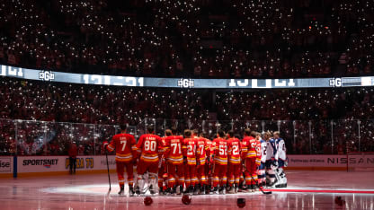 The Calgary Flames and Columbus Blue Jackets pay tribute to the late Johnny Gaudreau before an NHL game on December 3, 2024, at the Scotiabank Saddledome in Calgary, AB. (Photo by Brett Holmes/Icon Sportswire via Getty Images)