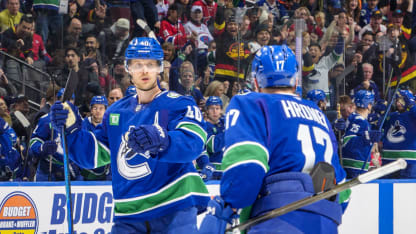 Elias Pettersson #40 of the Vancouver Canucks celebrates his goal with teammates during the third period of their NHL game against the Montréal Canadiens at Rogers Arena on March 11, 2025 in Vancouver, British Columbia, Canada. (Photo by Jeff Vinnick/NHLI via Getty Images)