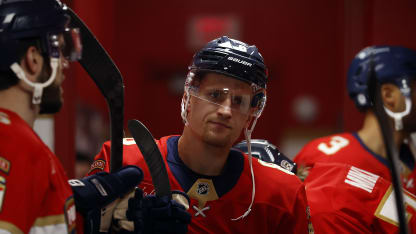 Nico Sturm #8 of the Florida Panthers greets teammates in the hallway prior to heading out for warm ups and their game against the Detroit Red Wings at the Amerant Bank Arena on April 10, 2025 in Sunrise, Florida. (Photo by Eliot J. Schechter/NHLI via Getty Images)