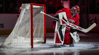 Frederik Andersen #31 of the Carolina Hurricanes warms up before the game against the Toronto Maple Leafs at Lenovo Center on April 13, 2025 in Raleigh, North Carolina. (Photo by Josh Lavallee/NHLI via Getty Images)