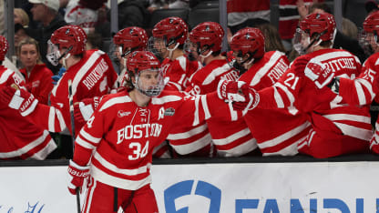 BOSTON, MASSACHUSETTS - FEBRUARY 9: Cole Eiserman #34 of the Boston University Terriers celebrates his goal against the Boston College Eagles in the third period during the championship game of the annual Beanpot Hockey Tournament at TD Garden on February 9, 2026 in Boston, Massachusetts. The Eagles won 6-2. (Photo by Rich Gagnon/Getty Images)