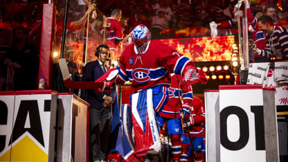 Jakub Dobes #75 of the Montreal Canadiens skates onto the ice during the opening ceremonies of Game Four of the Eastern Conference Final of the 2026 Stanley Cup Playoffs against the Carolina Hurricanes at the Bell Centre on May 27, 2026 in Montreal, Quebec, Canada. (Photo by Matt Garies/NHLI via Getty Images)