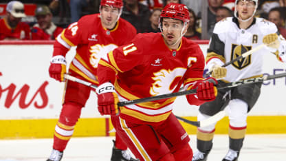 Mikael Backlund #11 of the Calgary Flames skates up ice against the Vegas Golden Knights at Scotiabank Saddledome on April 5, 2025 in Calgary, Alberta, Canada. (Photo by Gerry Thomas/NHLI via Getty Images)