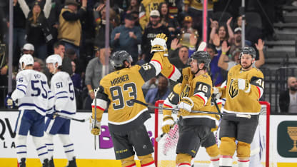 Mitch Marner #93 and Pavel Dorofeyev #16 of the Vegas Golden Knights celebrate after Marner assisted Dorofeyev on a first-period power-play goal against the Toronto Maple Leafs during their game at T-Mobile Arena on January 15, 2026 in Las Vegas, Nevada. (Photo by Ethan Miller/Getty Images)