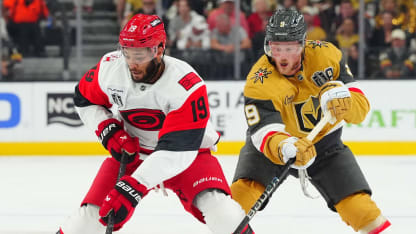 K'andre Miller #19 of the Carolina Hurricanes controls the puck away from Jack Eichel #9 of the Vegas Golden Knights during the second period of Game Three of the NHL Stanley Cup Final at T-Mobile Arena on June 06, 2026 in Las Vegas, Nevada. (Photo by Brian Babineau/NHLI via Getty Images)
