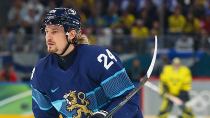 Roope Hintz #24 of Team Finland looks on in the second period during the Men's Preliminary Group B match between Finland and Sweden on day seven of the Milano Cortina 2026 Winter Olympic games at Milano Santagiulia Ice Hockey Arena on February 13, 2026 in Milan, Italy. (Photo by Gregory Shamus/Getty Images)