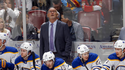 SUNRISE, FL - MARCH 8: Head coach Lindy Ruff of the Buffalo Sabres watches a replay during third period action against the Florida Panthers at the Amerant Bank Arena on March 8, 2025 in Sunrise, Florida. (Photo by Joel Auerbach/Getty Images)