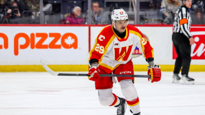Martin Frk #29 of the Calgary Wranglers skates during first period action against the Manitoba Moose at Canada Life Centre on February 14, 2026 in Winnipeg, Manitoba, Canada. (Photo by Jonathan Kozub/Getty Images)