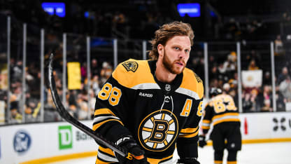 David Pastrnak #88 of the Boston Bruins skates during warmups against the Anaheim Ducks at TD Garden on February 22, 2025 in Boston, Massachusetts. (Photo by China Wong/NHLI via Getty Images)