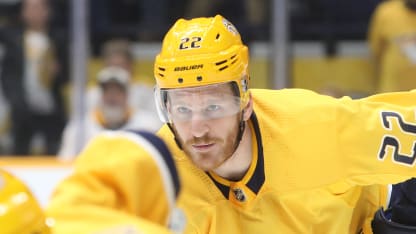 Nashville Predators defenseman Korbinian Holzer (22) is shown during the NHL game between the Nashville Predators and Dallas Stars, held on March 5, 2020, at Bridgestone Arena in Nashville, Tennessee. (Photo by Danny Murphy/Icon Sportswire via Getty Images)