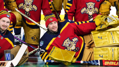 Sergei Bobrovsky #72 and his Florida Panthers teammates pose together at center ice for a team photo before practice for the 2026 Discover NHL Winter Classic between the New York Rangers and the Florida Panthers at loanDepot park on January 01, 2026 in Miami, Florida. (Photo by Brian Babineau/NHLI via Getty Images)