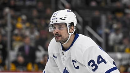 Toronto Maple Leafs center Auston Matthews (34) looks on during the third period in the NHL game between the Pittsburgh Penguins and the Toronto Maple Leafs on March 2, 2025, at PPG Paints Arena in Pittsburgh, PA. (Photo by Jeanine Leech/Icon Sportswire via Getty Images)