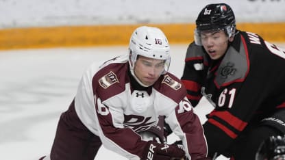 Adam Novotný #16 of the Peterborough Petes battles with Haoxi Wang #61 of the Niagara IceDogs for the puck during the third period at the Meridian Centre on March 6, 2026 in St Catharines, Canada. (Photo by John E. Sokolowski/Getty Images)