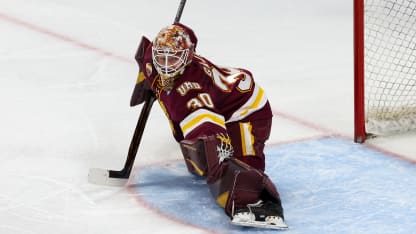 ALBANY, NEW YORK - MARCH 29: Adam Gajan #30 of the Minnesota Duluth Bulldogs tends goal against the Michigan Wolverines during the NCAA Division I Men's Ice Hockey Regional Championship final at the MVP Arena on March 29, 2026 in Albany, New York. The Wolverines won 4-3 to advance to the Frozen Four. (Photo by Richard T Gagnon/Getty Images)
