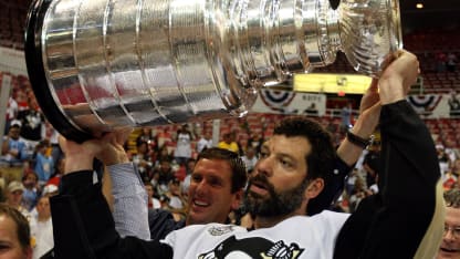 Bill Guerin #13 of the Pittsburgh Penguins celebrates with the Stanley Cup after defeating the Detroit Red Wings by a score of 2-1 to win Game Seven and the 2009 NHL Stanley Cup Finals at Joe Louis Arena on June 12, 2009 in Detroit, Michigan. (Photo by Jim McIsaac/Getty Images)