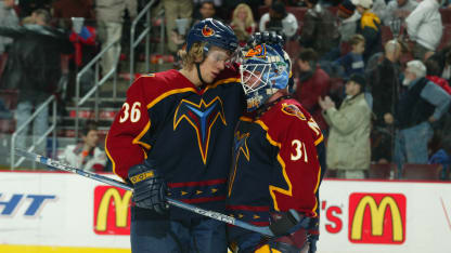 2003 Season: Player Daniel Tjarnqvist of the Atlanta Thrashers. (Photo by Bruce Bennett Studios via Getty Images Studios/Getty Images)