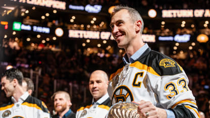 Zdeno Chara of the Boston Bruins holds the Stanley Cup during a pregame "Return of a Champion Era Night" ceremony before the game against the Toronto Maple Leafs at TD Garden on March 07, 2024 in Boston, Massachusetts. (Photo by China Wong/NHLI via Getty Images)