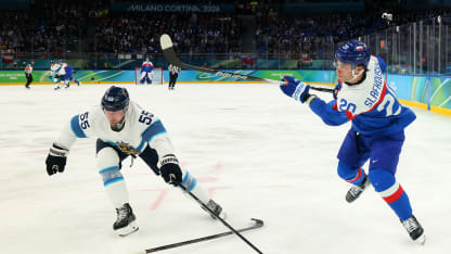 MILAN, ITALY - FEBRUARY 21: Juraj Slafkovsky #20 of Team Slovakia shoots in the Men's Bronze Medal match between Slovakia and Finland on day fifteen of the Milano Cortina 2026 Winter Olympic games at Milano Santagiulia Ice Hockey Arena on February 21, 2026 in Milan, Italy. (Photo by Bruce Bennett/Getty Images)