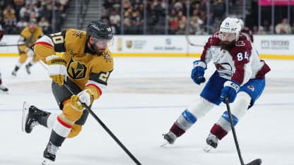 Brandon Saad #20 of the Vegas Golden Knights skates against Brent Burns #84 of the Colorado Avalanche during the third period at T-Mobile Arena on October 01, 2025 in Las Vegas, Nevada. (Photo by Jeff Bottari/NHLI via Getty Images)