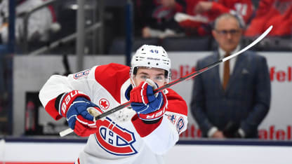 Lane Hutson #48 of the Montreal Canadiens warms up prior to a game against the Columbus Blue Jackets at Nationwide Arena on December 23, 2024 in Columbus, Ohio. (Photo by Ben Jackson/Getty Images)