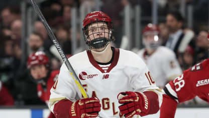BOSTON, MASSACHUSETTS - FEBRUARY 2: James Hagens #10 of the Boston College Eagles skates against the Harvard Crimson in the second period during NCAA hockey in the semifinals of the annual Beanpot Hockey Tournament at TD Garden on February 2, 2026 in Boston, Massachusetts. The Eagles won 5-1. (Photo by Richard T Gagnon/Getty Images)