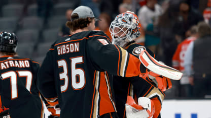 Lukas Dostal #1 and John Gibson #36 of the Anaheim Ducks celebrate the 4-0 victory over the Chicago Blackhawks at Honda Center on March 21, 2024 in Anaheim, California. (Photo by Nicole Vasquez/NHLI via Getty Images)