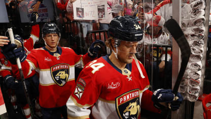 Adam Boqvist #34 of the Florida Panthers heads out to the ice for warm ups prior to the start of their game against the Vegas Golden Knights at the Amerant Bank Arena on October 19, 2024 in Sunrise, Florida. (Photo by Eliot J. Schechter/NHLI via Getty Images)