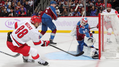 Martin Necas #88 of the Carolina Hurricanes shoots against goaltender Alexandar Georgiev #40 of the Colorado Avalanche at Ball Arena on November 9, 2024 in Denver, Colorado. (Photo by Michael Martin/NHLI via Getty Images)