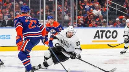 Los Angeles Kings Left Wing Kevin Fiala (22) falls and tries to draw a penalty in the second period of the Stanley Cup Playoffs First Round Edmonton Oilers game versus the Los Angeles Kings on May 01, 2025 at Rogers Place in Edmonton, AB. (Photo by Curtis Comeau/Icon Sportswear)