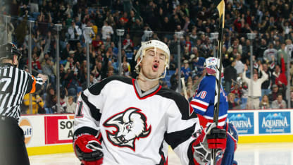 BUFFALO, NY - FEBRUARY 15: Miroslav Satan #81 of the Buffalo Sabres celebrates a penalty shot goal against goaltender Ryan Miller #30 of the New York Rangers during the NHL game on February 15, 2003 at HSBC Arena in Buffalo, New York. The Sabres defeated the Rangers 5-4. (Photo by Rick Stewart/Getty Images/NHLI)