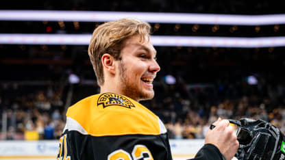Fabian Lysell #23 of the Boston Bruins warms up before the game against the Columbus Blue Jackets during his NHL debut at TD Garden on December 28, 2024 in Boston, Massachusetts. (Photo by China Wong/NHLI via Getty Images)