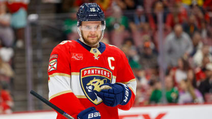 SUNRISE, FL - MARCH 08: Florida Panthers Center Aleksander Barkov (16) looks on during the first period of the game between the Buffalo Sabres and the Florida Panthers on Saturday March 8, 2025 at Amerant Bank Arena in Sunrise, Fla. (Photo by Chris Arjoon/Icon Sportswire via Getty Images)