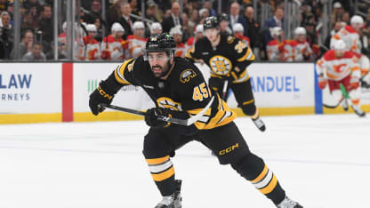 Jonathan Aspirot #45 of the Boston Bruins skates against the Calgary Flames at the TD Garden on January 8, 2026 in Boston, Massachusetts. (Photo by Steve Babineau/NHLI via Getty Images)
