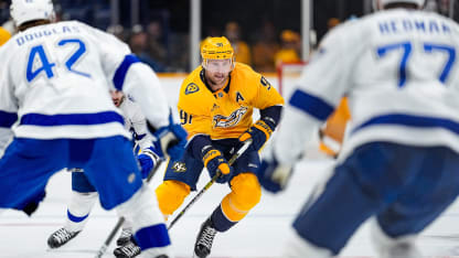 NASHVILLE, TENNESSEE - OCTOBER 28: Steven Stamkos #91 of the Nashville Predators skates against the Tampa Bay Lightning during an NHL game at Bridgestone Arena on October 28, 2025 in Nashville, Tennessee. (Photo by John Russell/NHLI via Getty Images)