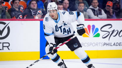Nick Schmaltz #8 of the Utah Mammoth skates with the puck during the third period against the Philadelphia Flyers at Xfinity Mobile Arena on March 05, 2026 in Philadelphia, Pennsylvania. (Photo by Hunter Dyke/NHLI via Getty Images)