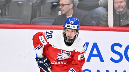 Eduard Sale #28 of Team Czech Republic skates the puck against Team Switzerland during the third period in the quarterfinals of the 2023 IIHF World Junior Championship at Scotiabank Centre on January 2, 2023 in Halifax, Nova Scotia, Canada. Team Czech Republic defeated Team Switzerland 9-1. (Photo by Minas Panagiotakis/Getty