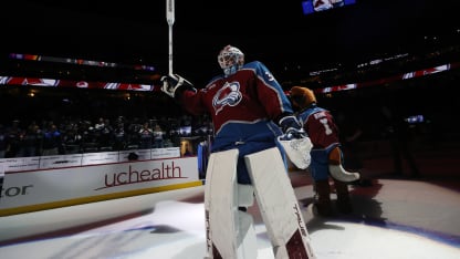 Goaltender Mackenzie Blackwood #39 of the Colorado Avalanche is named second star of the game against the Calgary Flames at Ball Arena on April 9, 2026 in Denver, Colorado. (Photo by Michael Martin/NHLI via Getty Images)