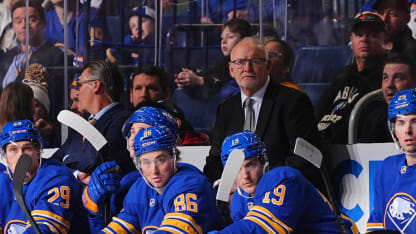 Buffalo coach Lindy Ruff looks on from the bench during an NHL game against the Minnesota Wild on January 17, 2026 at KeyBank Center in Buffalo, New York. (Photo by Ben Ludeman/NHLI via Getty Images)