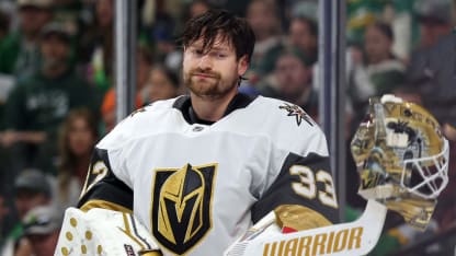 Adin Hill #33 of the Vegas Golden Knights reacts towards Kirill Kaprizov #97 of the Minnesota Wild during the second period in Game Six of the First Round of the 2025 Stanley Cup Playoffs at Xcel Energy Center on May 01, 2025 in St Paul, Minnesota. (Photo by Ellen Schmidt/Getty Images)
