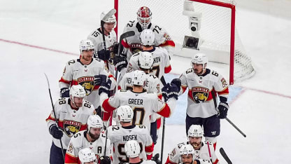 The Florida Panthers celebrate with goaltender Sergei Bobrovsky #72 of the Florida Panthers after defeating the Carolina Hurricanes 5-3 in Game Five of the Eastern Conference Final of the 2025 Stanley Cup Playoffs at Lenovo Center on May 28, 2025 in Raleigh, North Carolina. (Photo by Josh Lavallee/NHLI via Getty Images)