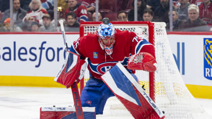 Jakub Dobes #75 of the Montreal Canadiens makes a save during the third period of the NHL regular season game between the Montreal Canadiens and the Vegas Golden Knights at the Bell Centre on January 27, 2026 in Montreal, Quebec, Canada. (Photo by Matt Garies/NHLI via Getty Images)