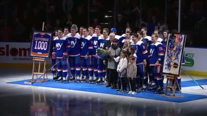 New York Islanders celebrate Cal Clutterbuck 1000 NHL game