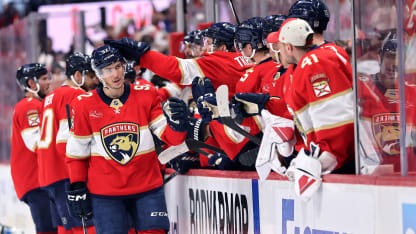 Tomas Nosek #92 of the Florida Panthers celebrates with teammates after scoring a goal on Joseph Woll #60 of the Toronto Maple Leafs during the second period in Game Three of the Second Round of the 2025 Stanley Cup Playoffs at Amerant Bank Arena on May 09, 2025 in Sunrise, Florida. (Photo by Carmen Mandato/Getty Images)