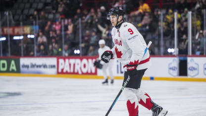 250510 Nathan MacKinnon of Canada celebrates after 0-2 during the 2025 IIHF Ice Hockey World Championship group stage game between Slovenia and Canada on May 10, 2025 in Stockholm. Photo: Maxim Thore / BILDBYRÅN / kod MT / MT0810 ishockey ice hockey ishockey-vm 2025 vm 2025 iihf world championship slovenia kanada canada bbeng gruppspel jubel (Photo by MAXIM THORE/Bildbyran/Sipa USA)(Sipa via AP Images)