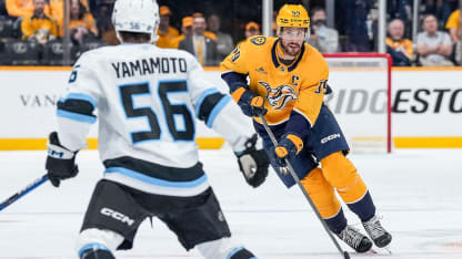 NASHVILLE, TENNESSEE - OCTOBER 11: Roman Josi #59 of the Nashville Predators skates against the Utah Mammoth during an NHL game at Bridgestone Arena on October 11, 2025 in Nashville, Tennessee. (Photo by John Russell/NHLI via Getty Images)
