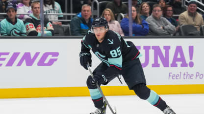 Andre Burakovsky #95 of the Seattle Kraken skates with the puck during the first period of a game against the Nashville Predators at Climate Pledge Arena on November 20, 2024 in Seattle, Washington. (Photo by Christopher Mast/NHLI via Getty Images)