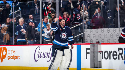 Goaltender Connor Hellebuyck #37 of the Winnipeg Jets gives a fist pump after receiving first star honours following a 5-0 shutout victory over the Minnesota Wild at the Canada Life Centre on December 21, 2024 in Winnipeg, Manitoba, Canada. (Photo by Darcy Finley/NHLI via Getty Images)