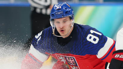 Thomas Harley #20 of Team Canada controls the puck against Dominik Kubalik #81 of Team Czechia in the second period during the Men's Preliminary Group A match between Czechia and Canada on day six of the Milano Cortina 2026 Winter Olympic games at Milano Rho Ice Hockey Arena on February 12, 2026 in Milan, Italy. (Photo by Gregory Shamus/Getty Images)