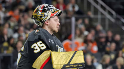 Ilya Samsonov #35 of the Vegas Golden Knights skates during a stop in play after a Philadelphia Flyers player crashed into him in the first period of their game at T-Mobile Arena on January 02, 2025 in Las Vegas, Nevada. The Golden Knights defeated the Flyers 5-2. (Photo by Ethan Miller/Getty Images)