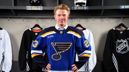 Otto Stenberg, 25th overall pick by the St. Louis Blues, poses for a portrait after being drafted in the 2023 Upper Deck NHL Draft at Bridgestone Arena on June 28, 2023 in Nashville, Tennessee. (Photo by Brian Babineau/NHLI via Getty Images)